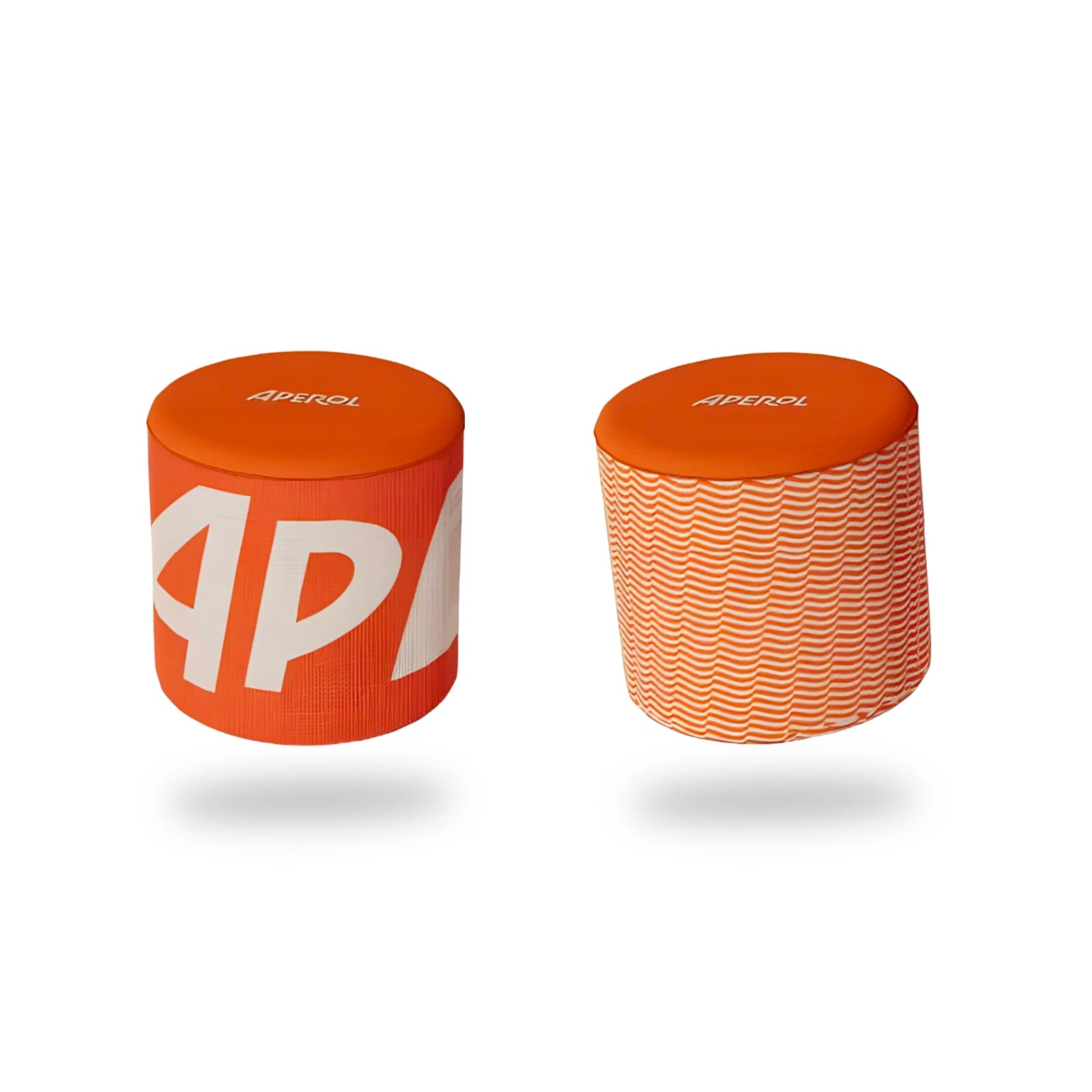 Two round Aperol ottomans with orange tops and branded side prints, shown on white background